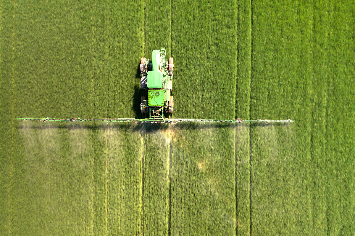 Tractor spraying chemical pesticides with sprayer on the large green agricultural field at spring.